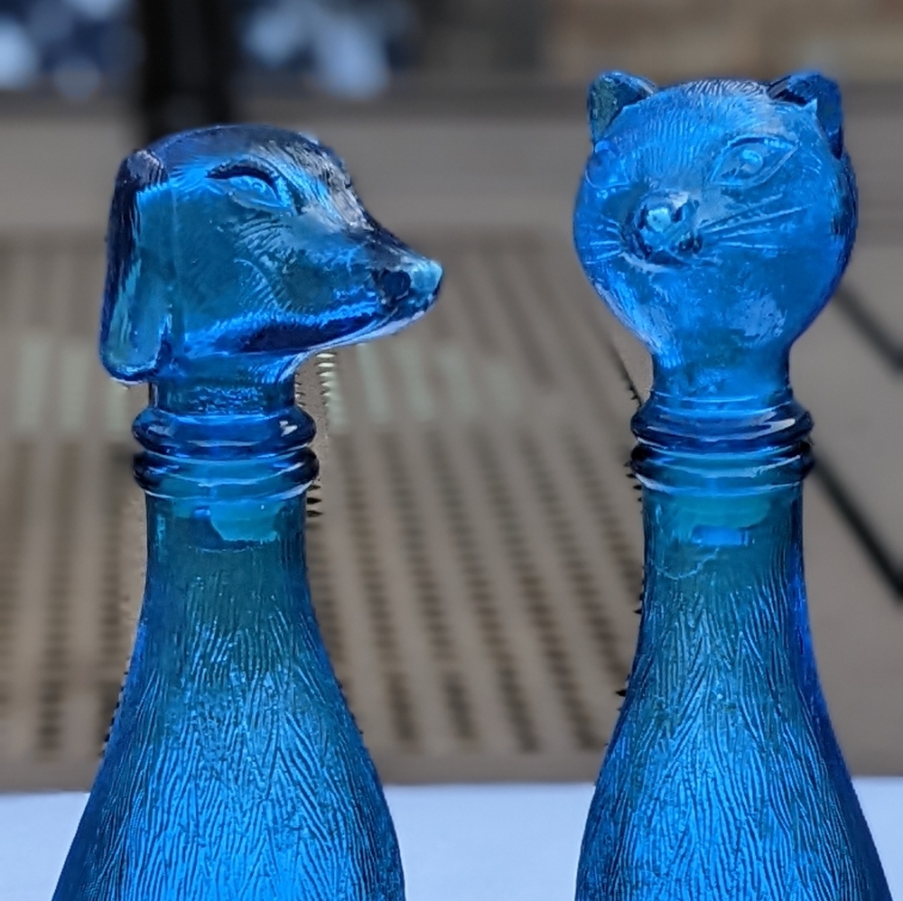 Vintage dog and cat glass decanters Italian genie bottles